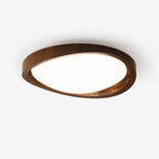 Candeeiro de teto flush efeito madeira nogueira com difusor em tecido e luz tri-cor