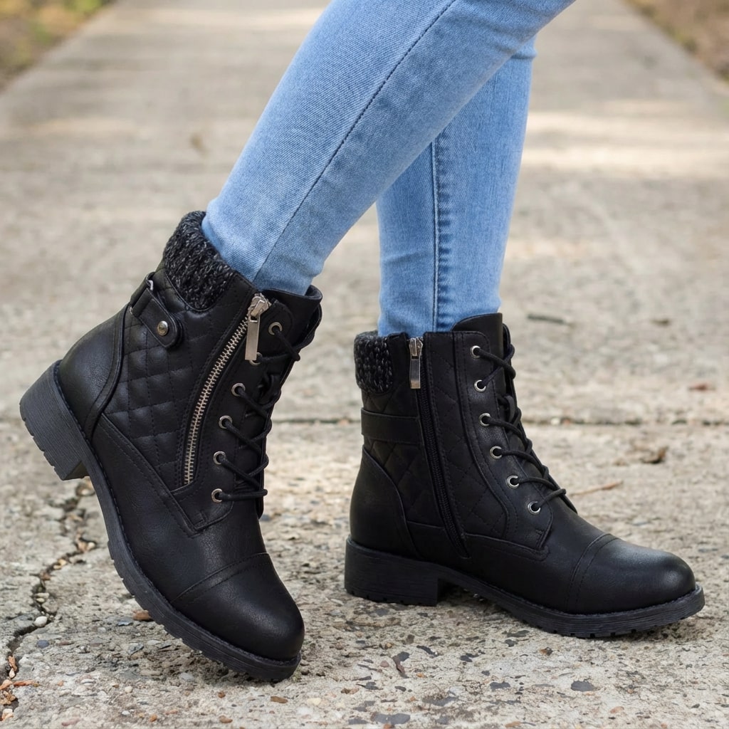 Botins de couro femininos com salto bloco baixo e zíper lateral