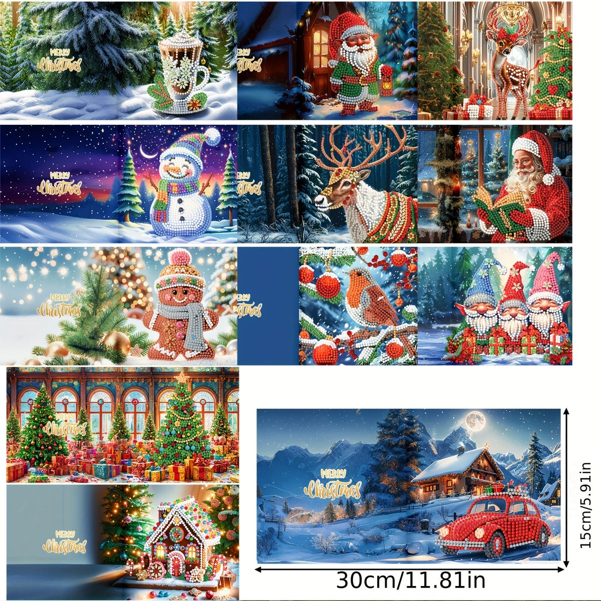 Kit de cartões de Natal com diamond painting 12 unidades Pai Natal e animais DIY
