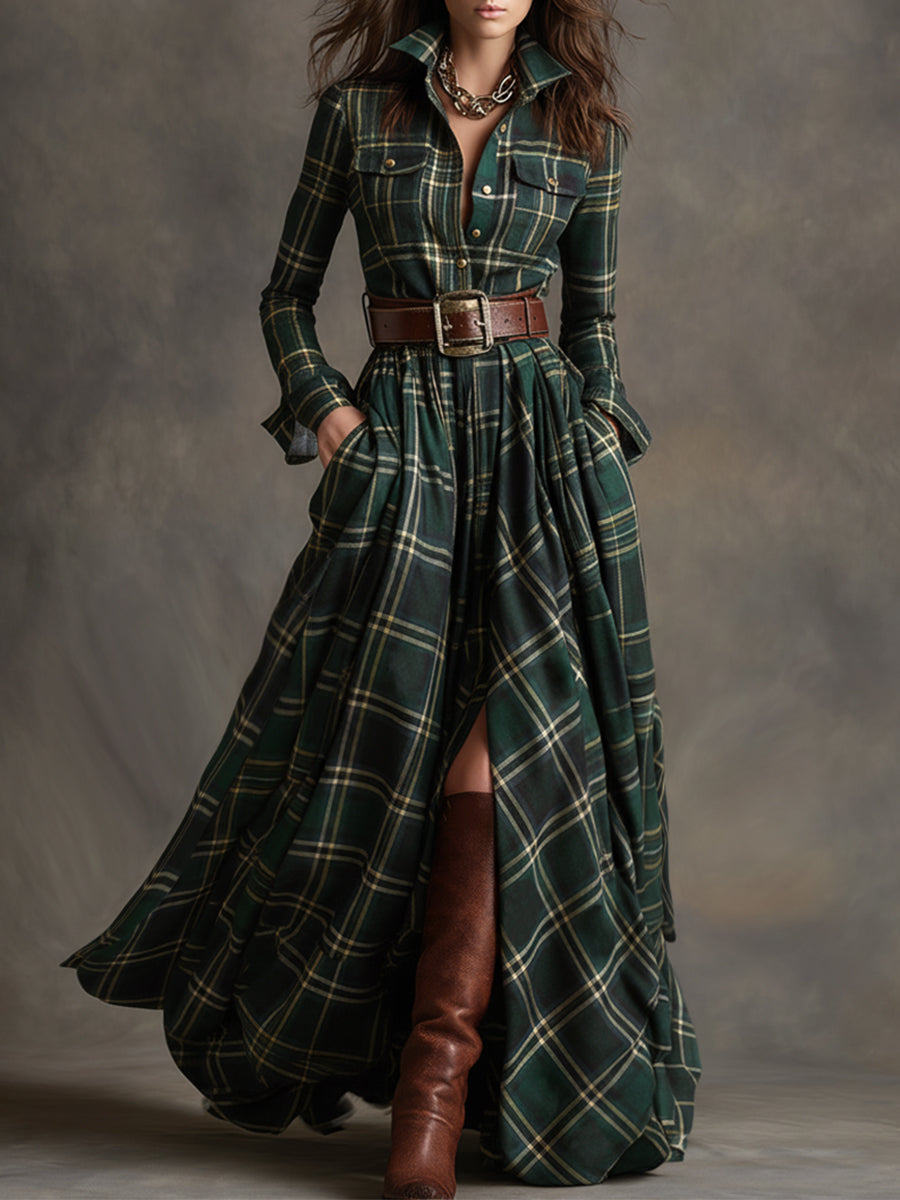 Vestido maxi xadrez étnico retrô com lapela e cinto, manga longa