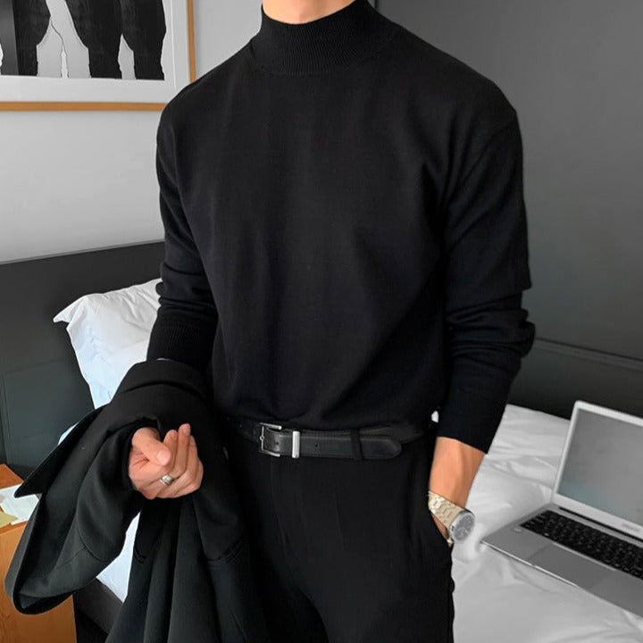 Camisola homem gola alta malha canelada estilo old money