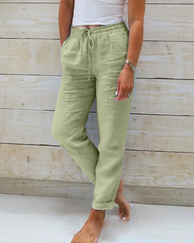 Calças femininas algodão cintura elástica corte regular com bolsos laterais