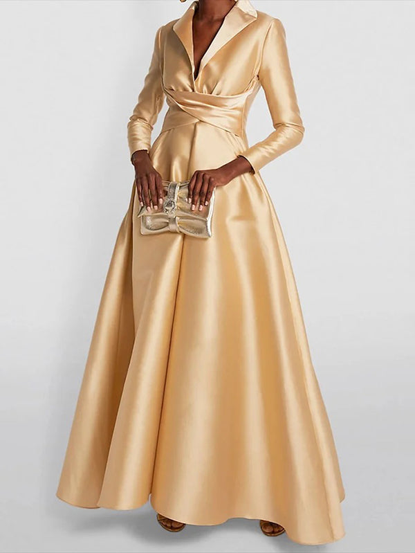 Vestido maxi feminino linha A decote V plissado cintura alta manga longa