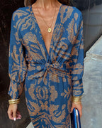 Vestido feminino maxi boho com estampa e decote V nó frontal