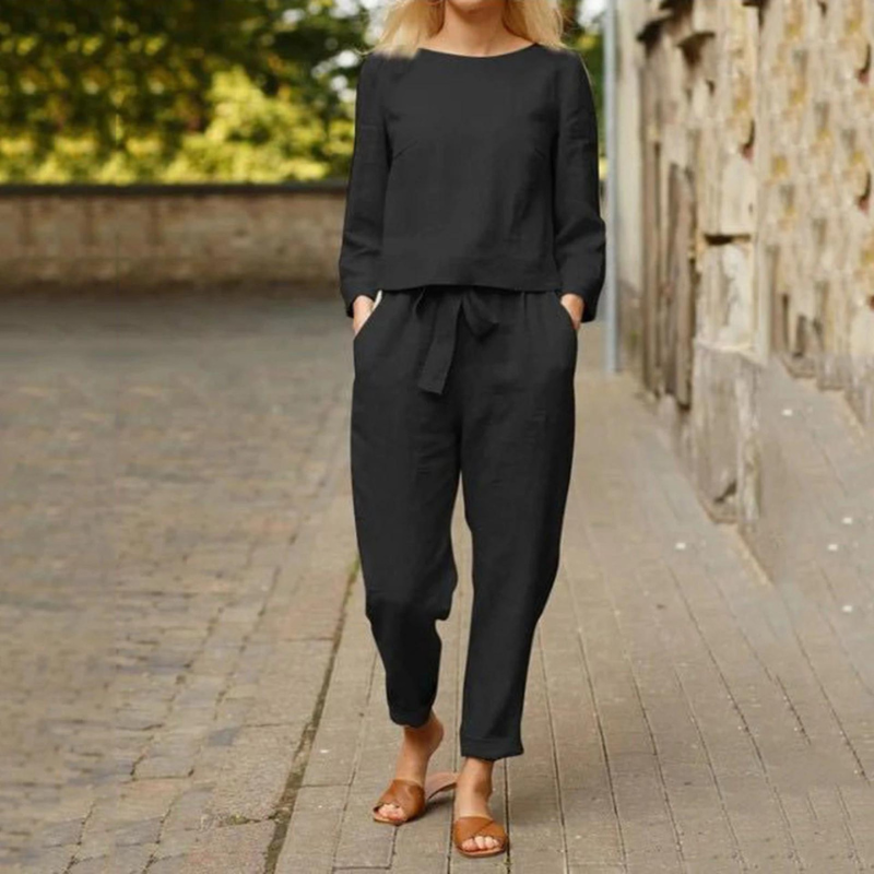 Conjunto feminino duas peças blusa manga longa gola redonda e calça relaxada