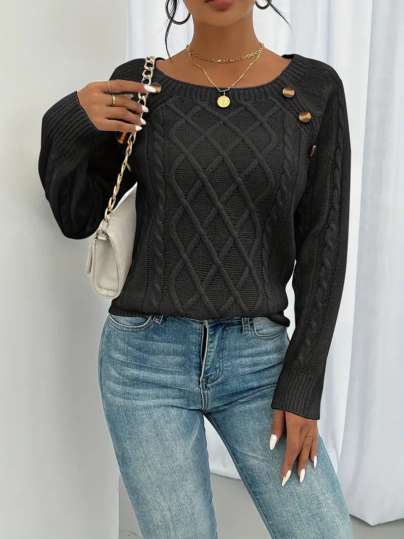 Camisola feminina algodão padrão torcido com botões decorativos manga comprida