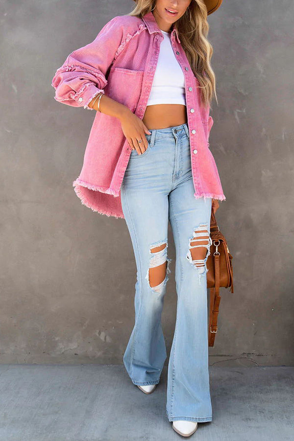 Jaqueta jeans oversized com franjas decorativas estilo casual feminino