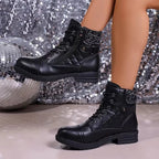Botins de couro femininos com salto bloco baixo e zíper lateral