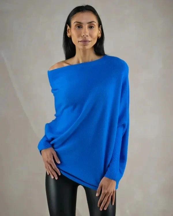 Camisola feminina assimétrica drapeada com gola swing