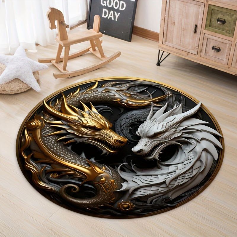Tapete redondo decorativo antiderrapante com design dragão em poliéster, 80cm 100cm 120cm