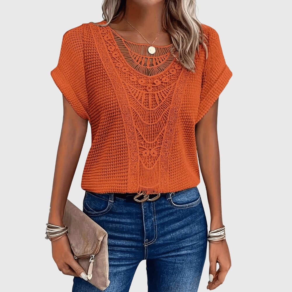 Blusa feminina malha rendada decote redondo mangas curtas
