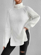 Camisola feminina gola alta canelada com fenda lateral outono inverno