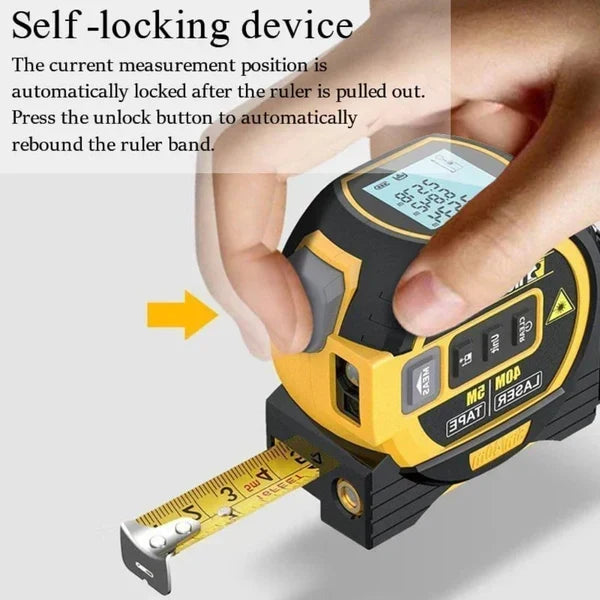 Fita métrica laser 3 em 1 infravermelha com visor LCD retroiluminado, amarelo e azul