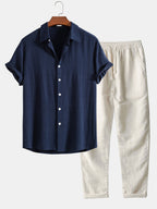 Conjunto masculino linho algodão 2 peças camisa e calça corte relaxado