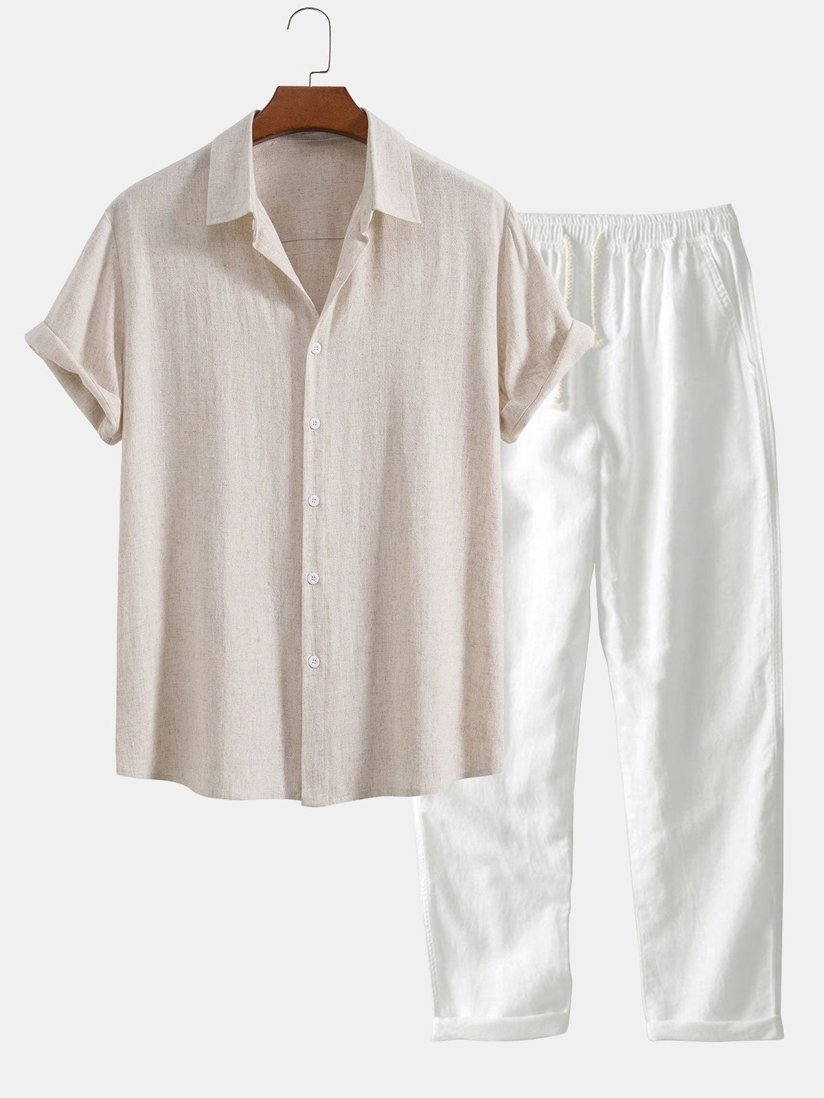 Conjunto masculino linho algodão 2 peças camisa e calça corte relaxado
