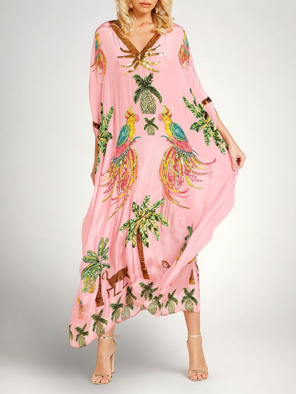Vestido feminino estampa coqueiro ombro caído com detalhe de lantejoulas