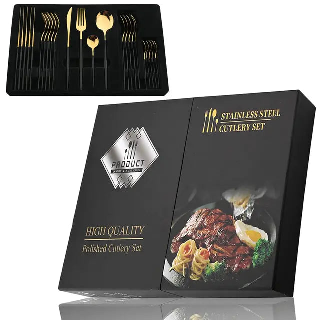 Conjunto de talheres em aço inox 24 peças com acabamento dourado e cabos coloridos preto, branco e rosa