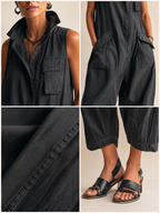 Macacão feminino wide leg com bolsos e gola com botões