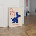 Poster em tela sem moldura com tipografia azul e vermelha e cão balão, estilo moderno