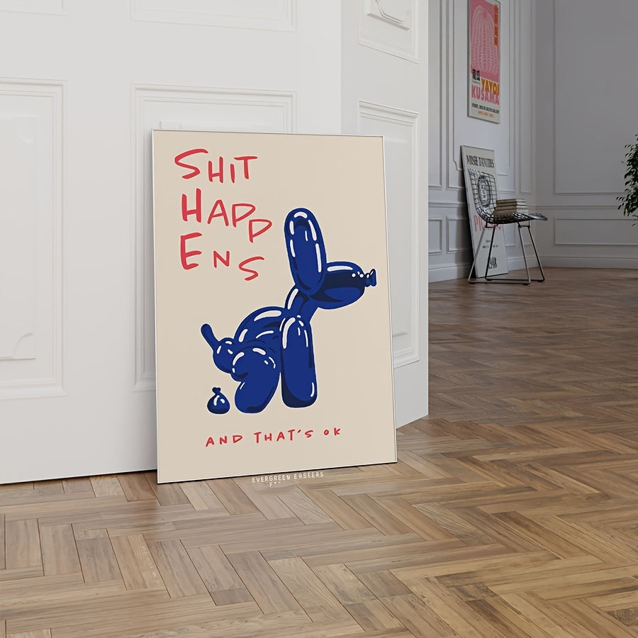 Poster em tela sem moldura com tipografia azul e vermelha e cão balão, estilo moderno