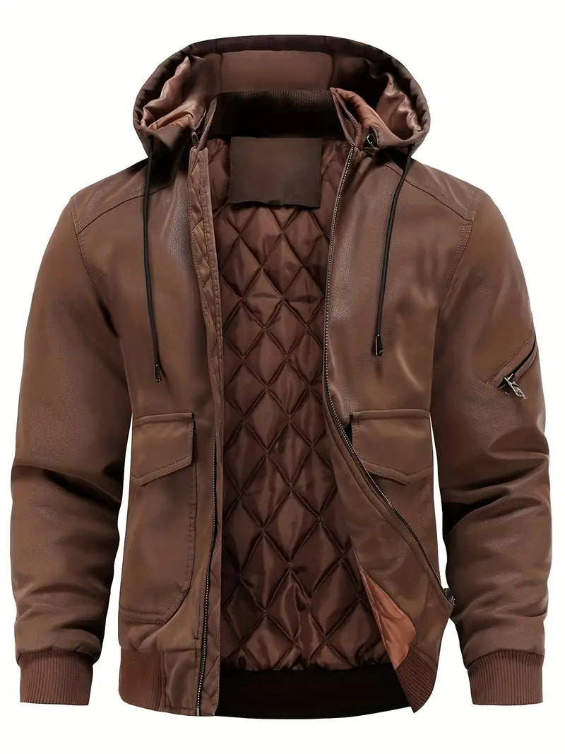 Jaqueta de couro masculina com capuz e isolamento térmico para inverno