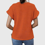 Blusa feminina malha rendada decote redondo mangas curtas