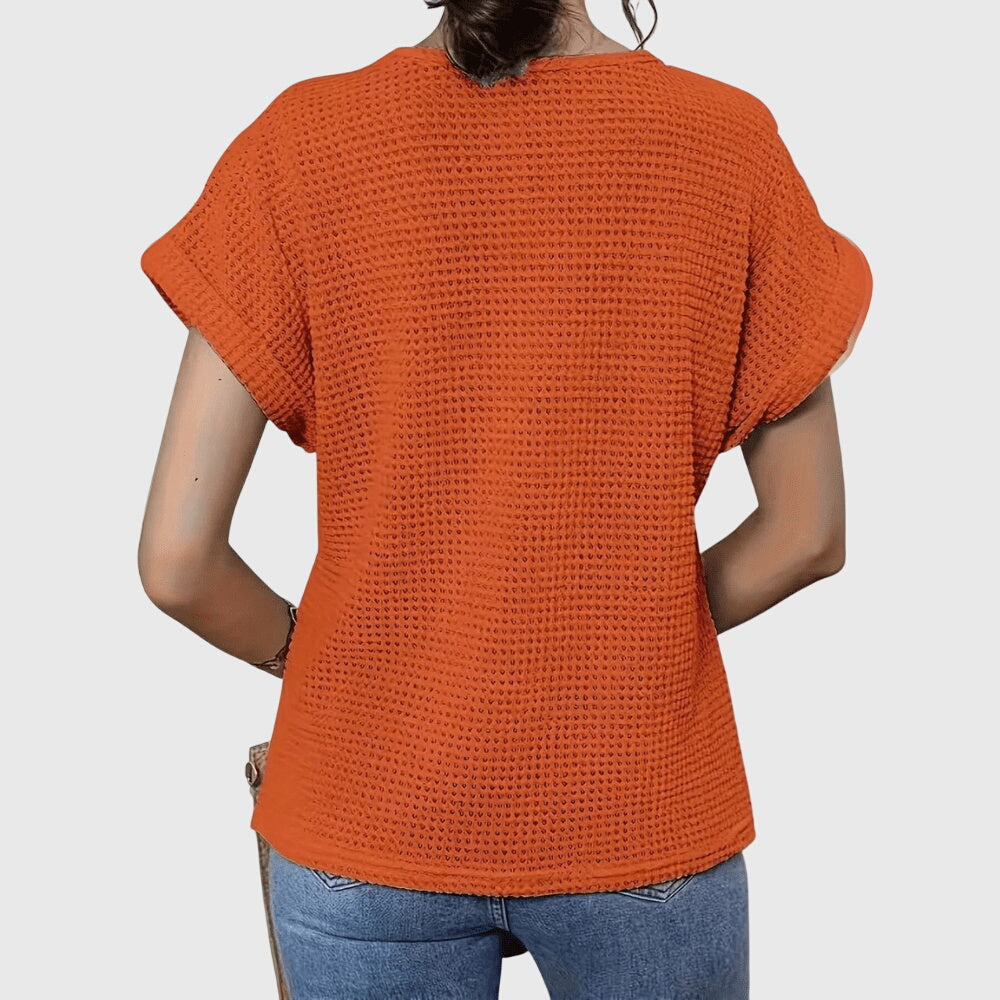 Blusa feminina malha rendada decote redondo mangas curtas