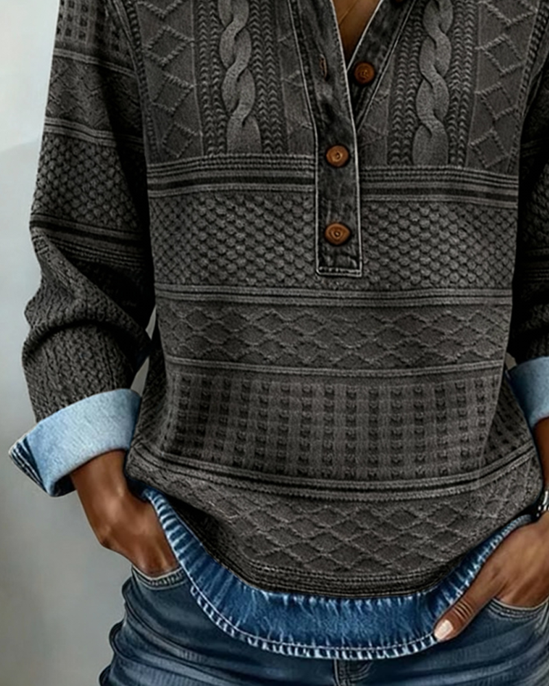 Sweatshirt mulher gola denim meia abertura textura trançada em relevo