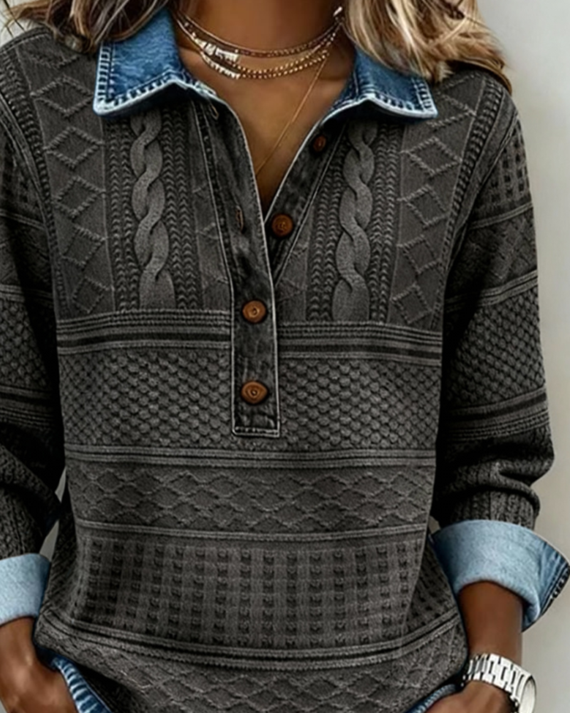 Sweatshirt mulher gola denim meia abertura textura trançada em relevo