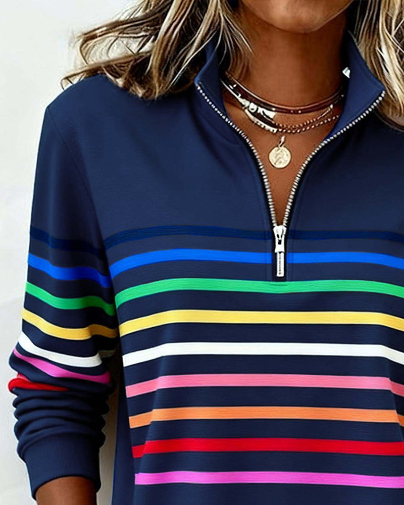 Pullover masculino listrado com zíper no decote caimento folgado