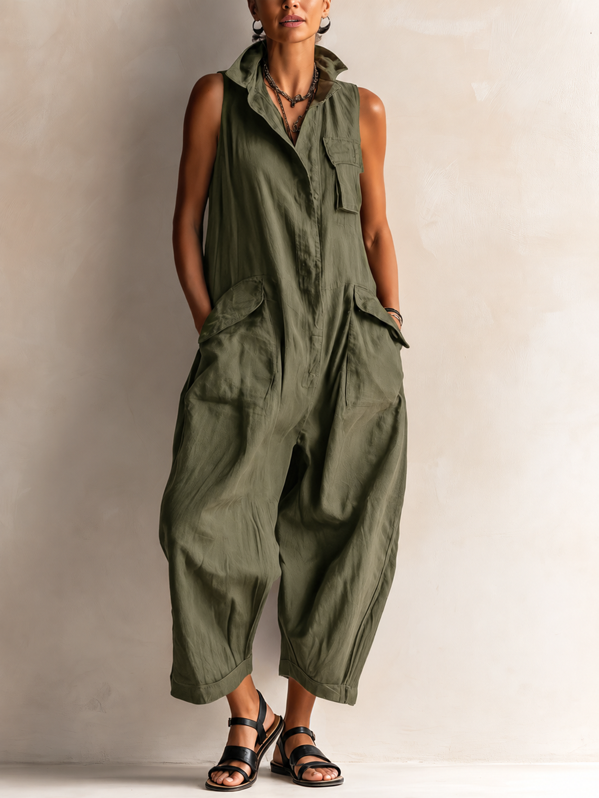 Macacão feminino wide leg com bolsos e gola com botões