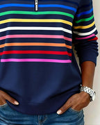 Pullover masculino listrado com zíper no decote caimento folgado