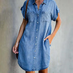 Vestido jeans feminino midi em denim resistente estilo casual
