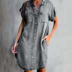 Vestido jeans feminino midi em denim resistente estilo casual
