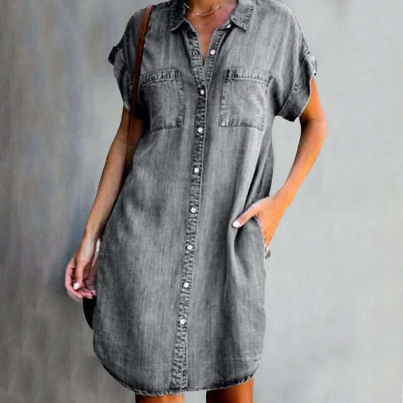 Vestido jeans feminino midi em denim resistente estilo casual