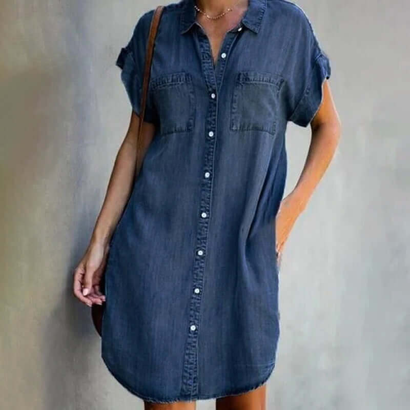 Vestido jeans feminino midi em denim resistente estilo casual