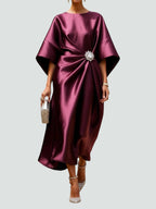 Vestido longo mulher decote canoa maxi com franzidos e mangas midi