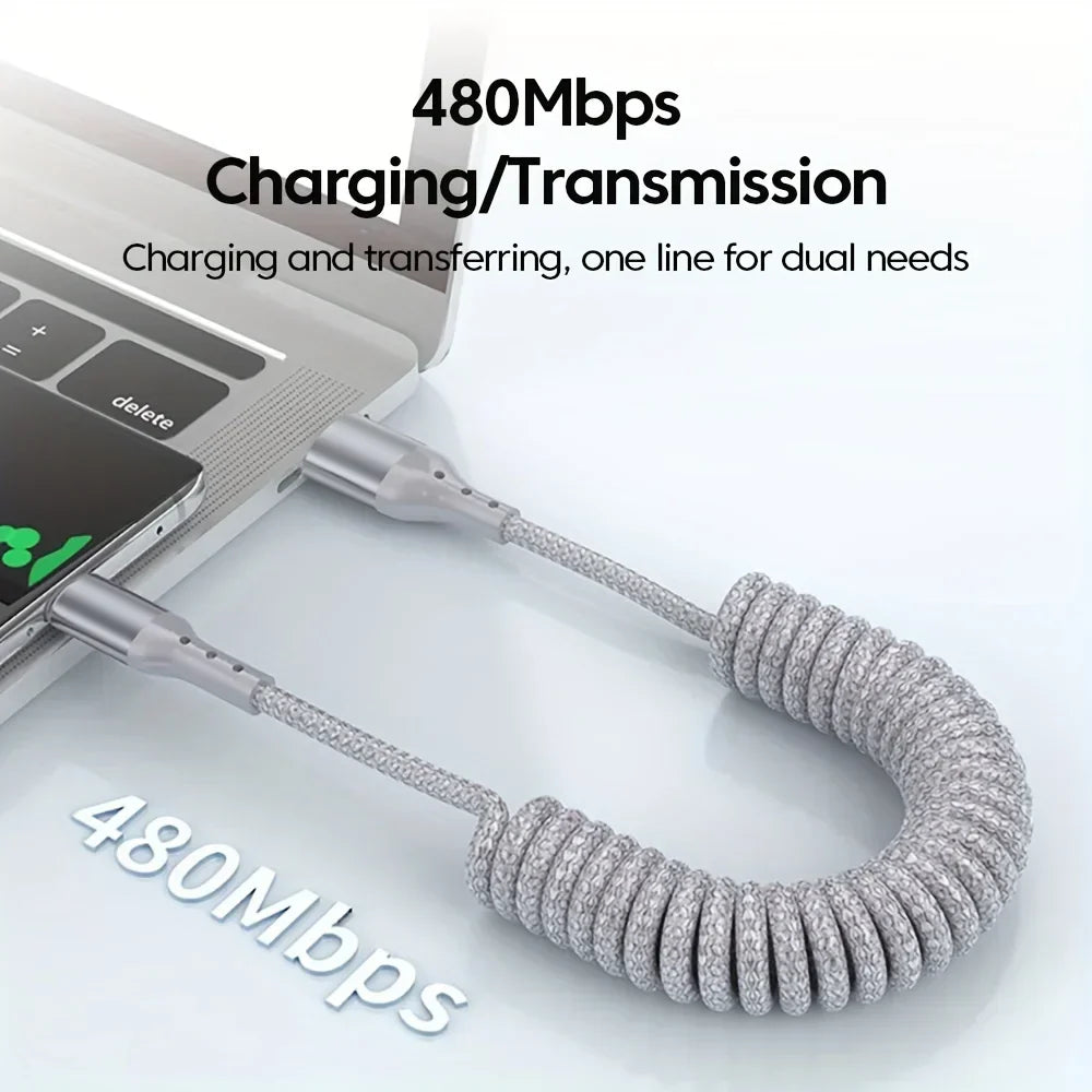 Cabo USB-C 100W design mola carregamento rápido PD transferência de dados