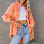 Jaqueta jeans oversized com franjas decorativas estilo casual feminino