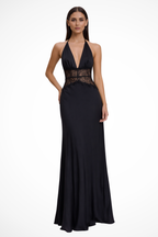 Vestido maxi mulher halter costas nuas com detalhe de renda na cintura