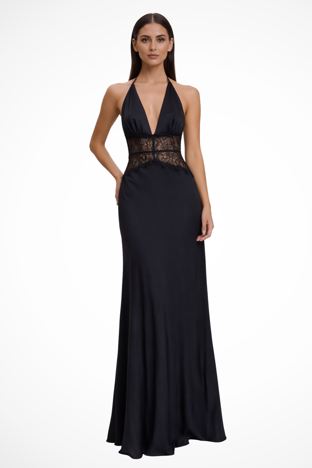 Vestido maxi mulher halter costas nuas com detalhe de renda na cintura
