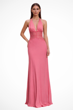 Vestido maxi mulher halter costas nuas com detalhe de renda na cintura