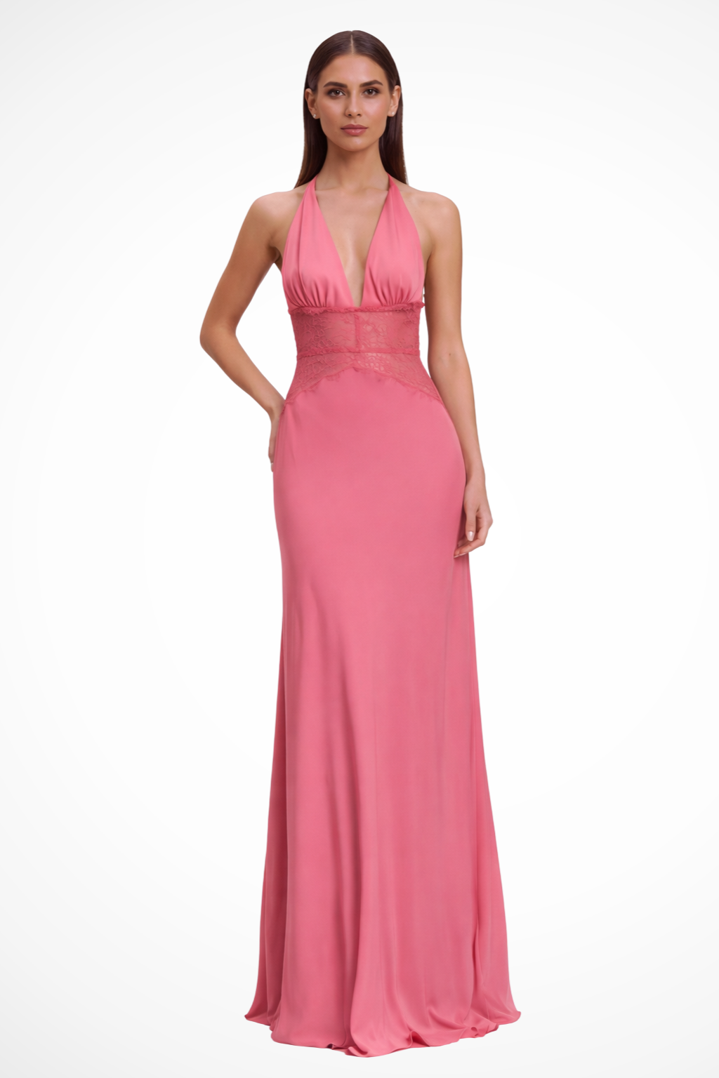 Vestido maxi mulher halter costas nuas com detalhe de renda na cintura