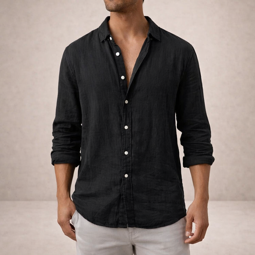 Camisa de linho homem casual manga longa corte direito