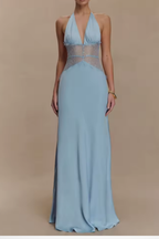 Vestido maxi mulher halter costas nuas com detalhe de renda na cintura