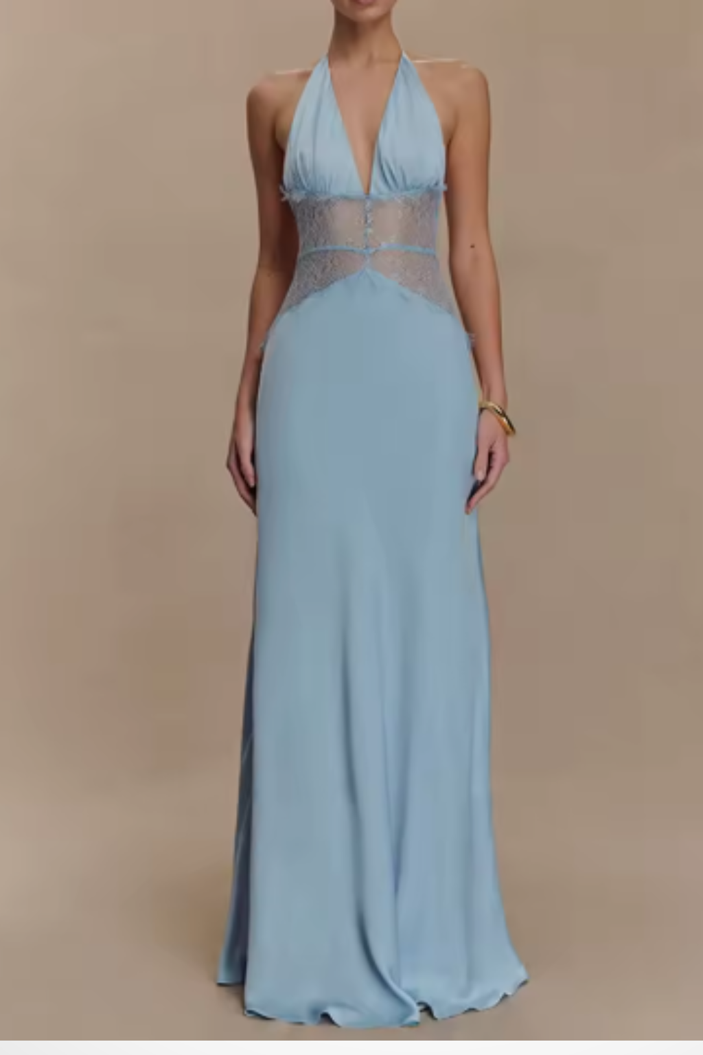 Vestido maxi mulher halter costas nuas com detalhe de renda na cintura