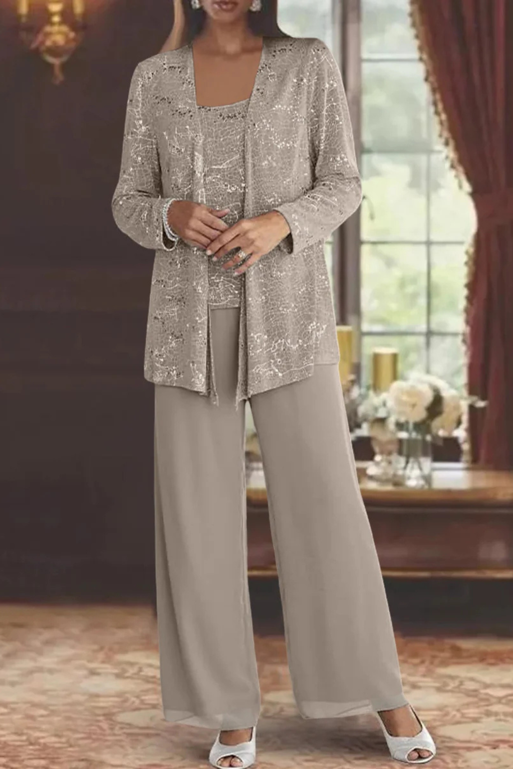 Conjunto feminino 3 peças renda lantejoulas casaco e calça perna larga