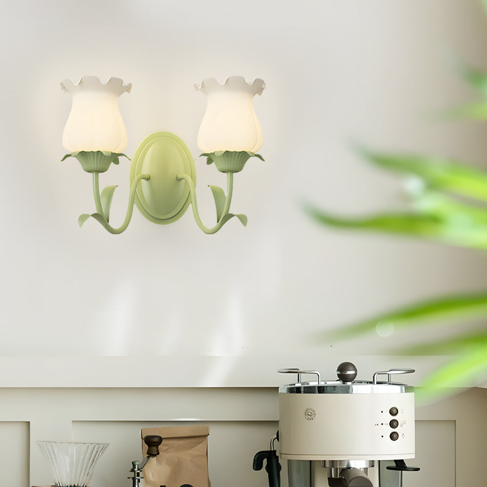 Candeeiro de parede em vidro design floral verde com 3 níveis de luz, moderno e elegante