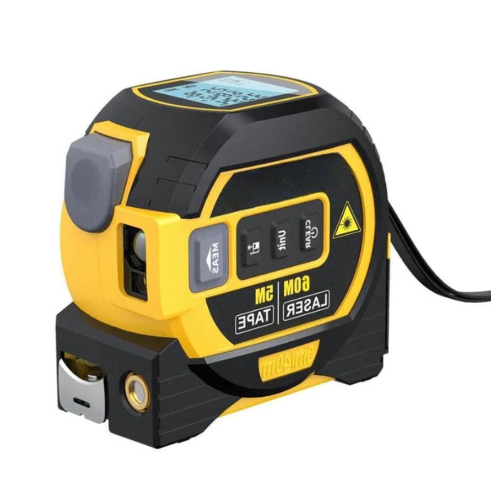 Fita métrica laser 3 em 1 infravermelha com visor LCD retroiluminado, amarelo e azul