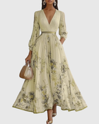 Vestido maxi floral manga longa decote V plissado com laço na cintura feminino